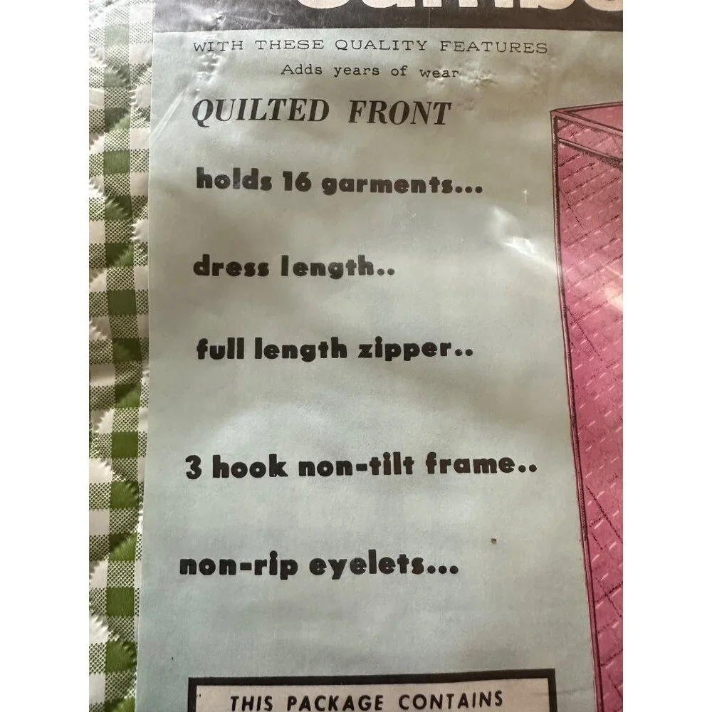Vintage Sealed Closet Hanging Jumbo Garment Bag Gingham Print Quilted Front